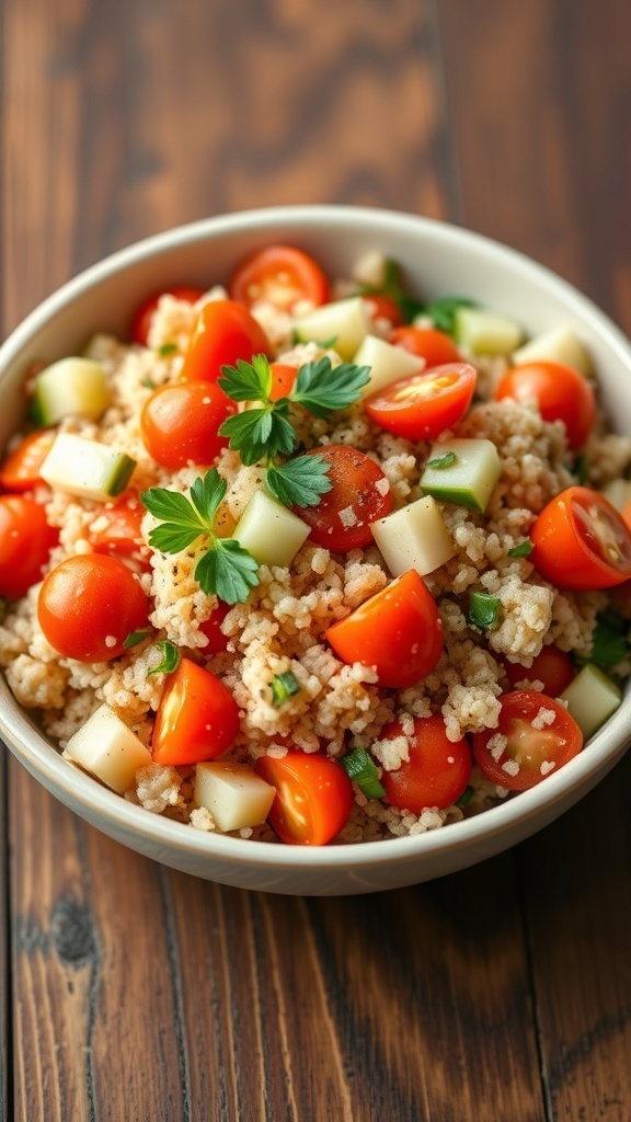 A colorful bowl of tomato quinoa salad with cherry tomatoes, cucumber, and parsley on a wooden table.